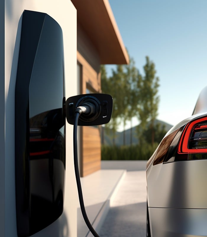 Generic electric vehicle EV hybrid car is being charged from a wallbox on a contemporary modern residential building house. technology of home charging for electric vehicles