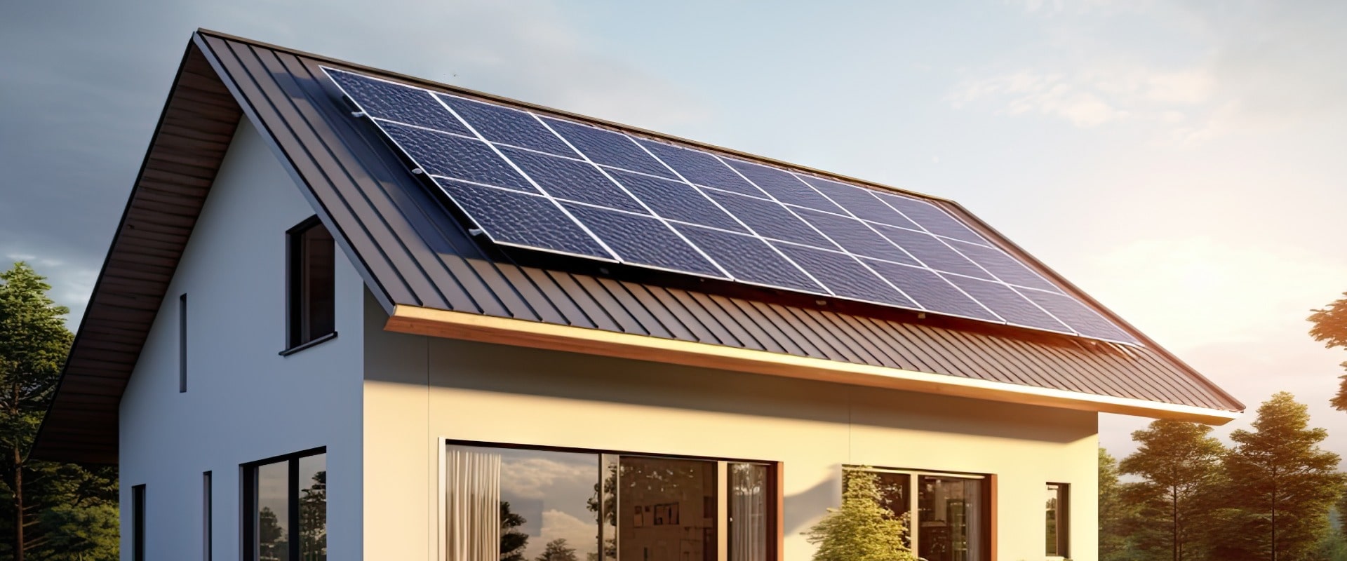 New suburban house with a photovoltaic system on the roof. Modern eco friendly passive house with landscaped yard. Solar panels on the gable roof