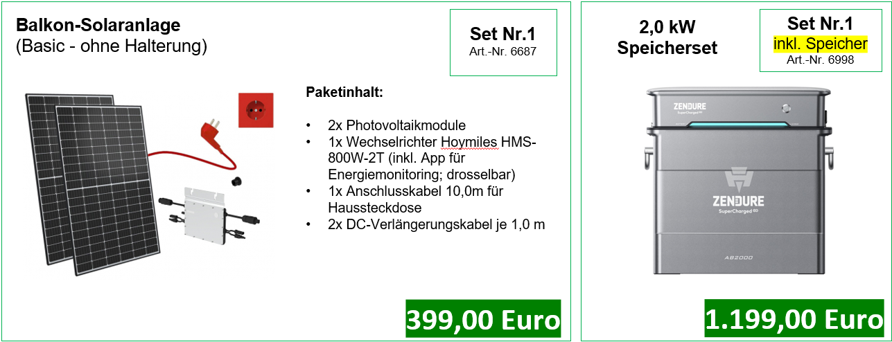 Ein Werbeplakat für Solaranlagenprodukte mit Preisangaben und technischen Details in Grün und Weiß.