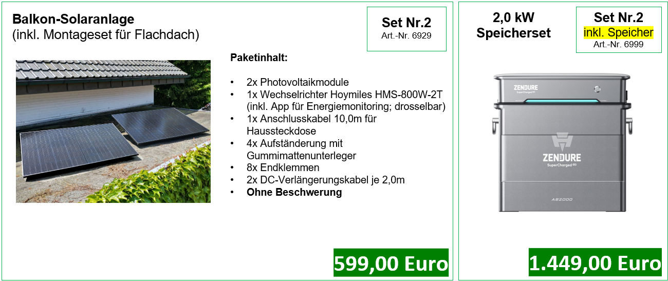 Balkon-Solaranlage mit Zubehör, graue Speicherbox, Preis in Euro, weißer Hintergrund.