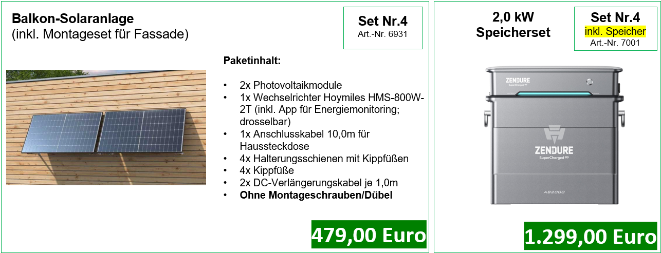 Balkon-Solaranlage und Speicher-Angebot mit Preisangaben und Produktdetails in einem Werbeflyer.