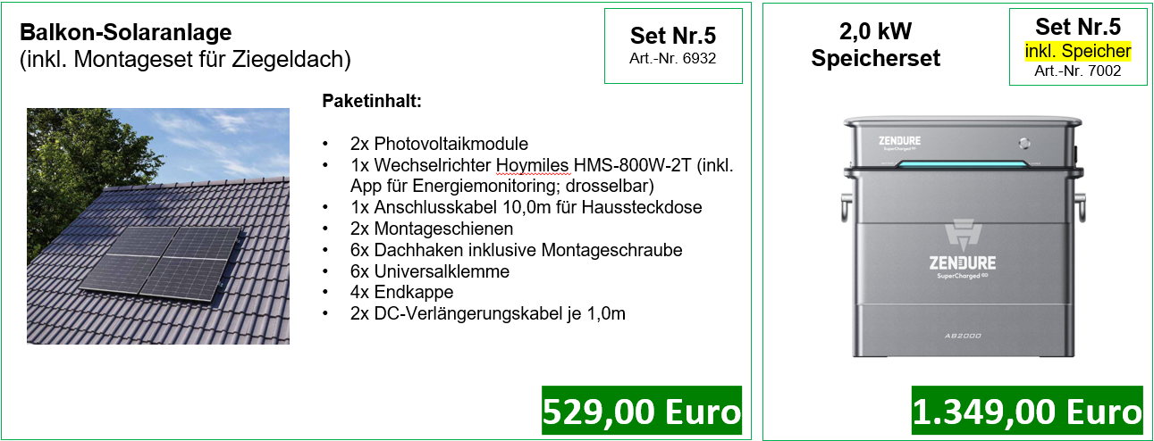 Balkon-Solaranlage und 2,0 kW Speicherset mit Preis und techn. Details auf grünem Hintergrund.